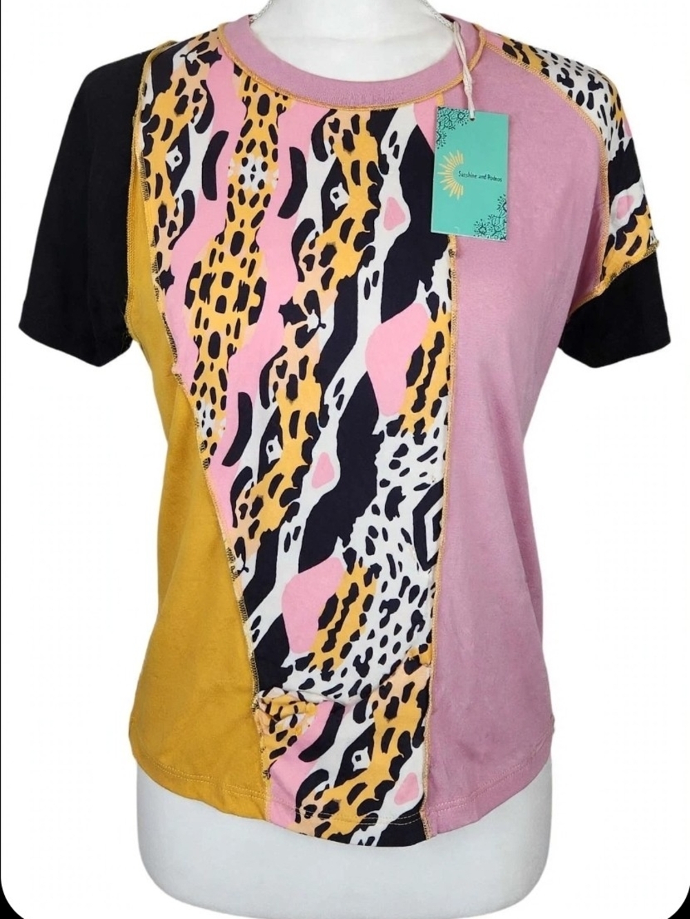 NWT XL Sunshine and Rodeos Colorblock T-Shirt - Mustard Pink Black Leopard Aztec